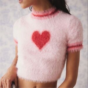 Kimchi Blue Pink Fuzzy Crop Top with Red Heart